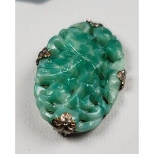 Vintage 1900 - 1920 Art Deco Carved Butterfly Jadeite Jade Silver Tone Brooch